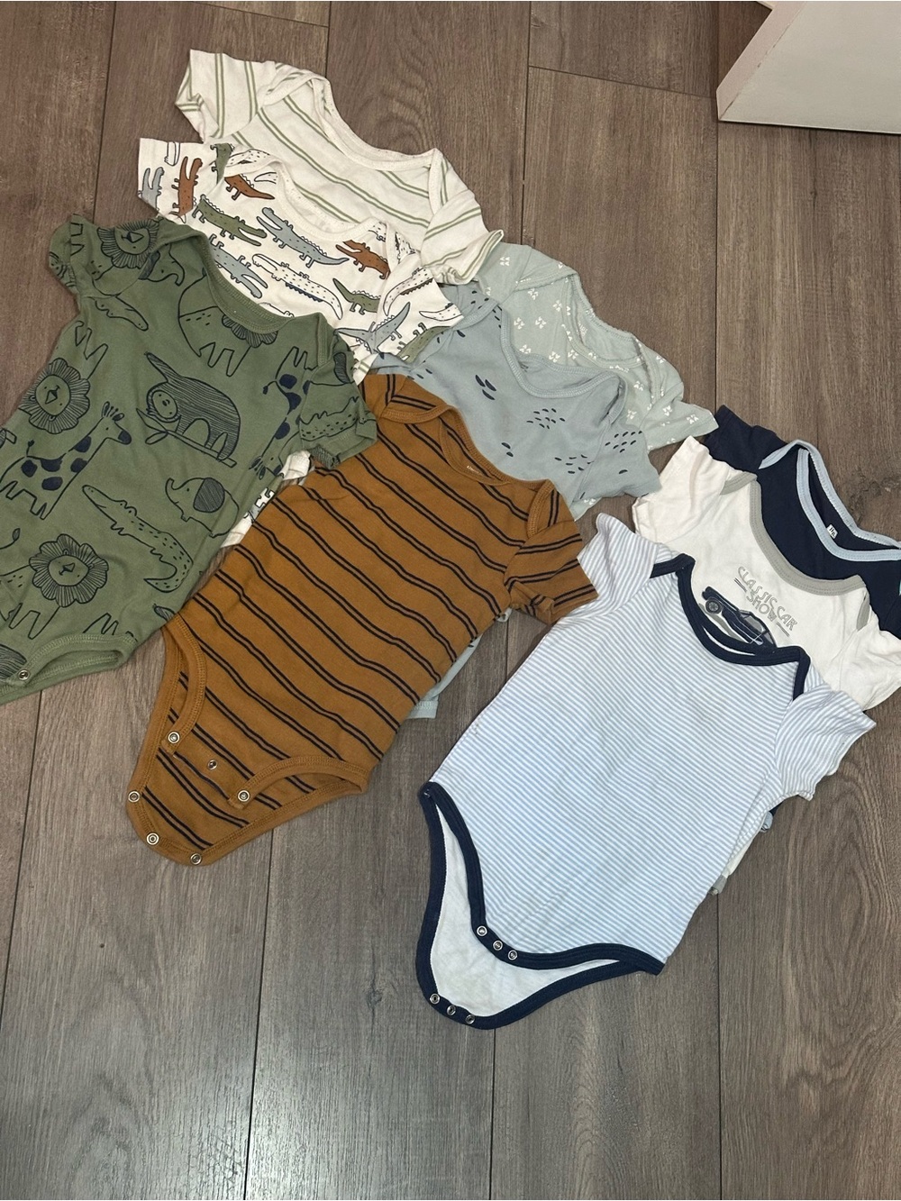 Assorted Baby One-Piece Bodysuits in Green, Rust & Blue - Pack of Mixed Styles